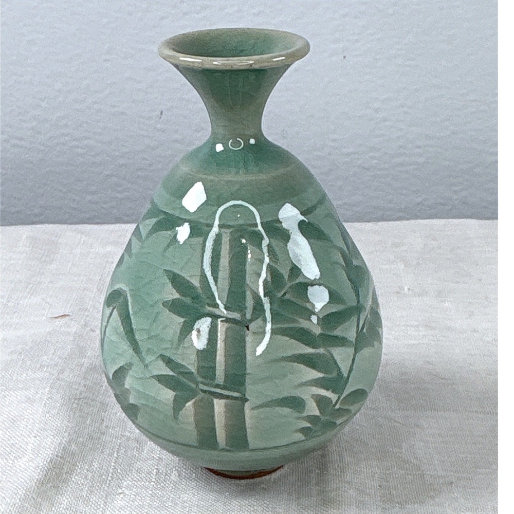 Vintage Celadon Green Crackle Glaze Bamboo Ceramic Vase Signed